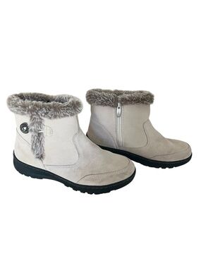 Khombu Iris Grey Suede Faux Fur Trim Winter Ankle Boots 7 Gorpcore Cozy Booties